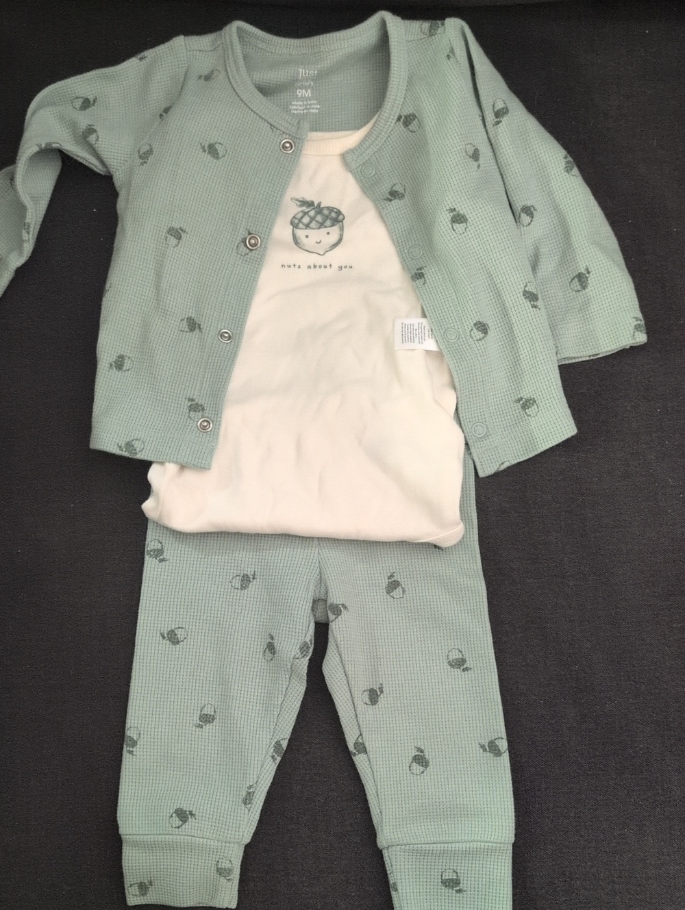 Like New Carter's Mint Green Acorn Waffle Matching Set with Cream Onesie 9M